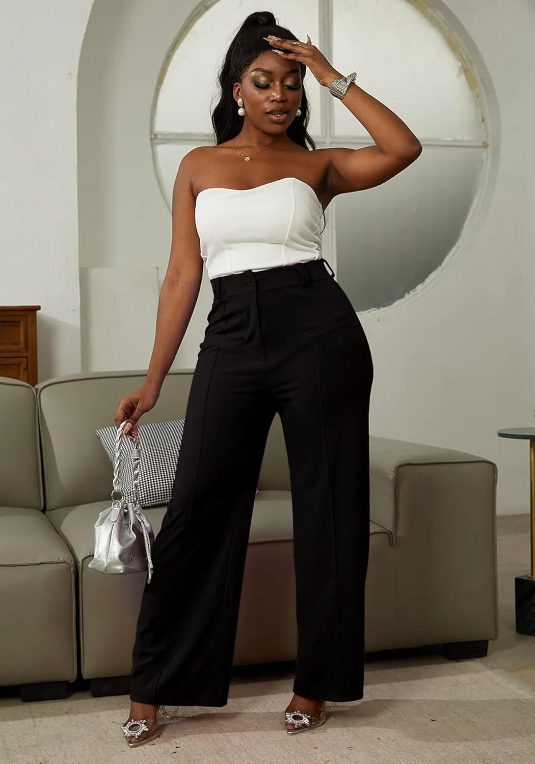 LAJIOJIO Wide Leg Dress Pants for Women Dressy Business Casual High Waisted Straight Leg Work Office Trousers Slacks