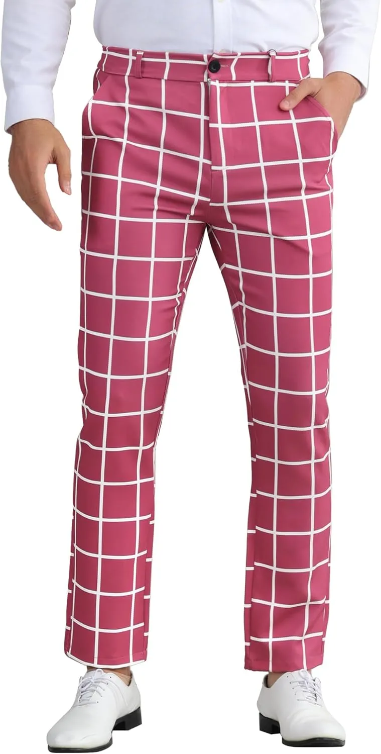 Lars Amadeus Men's Dress Plaid Pants Flat Front Printed Business Check Trousers
