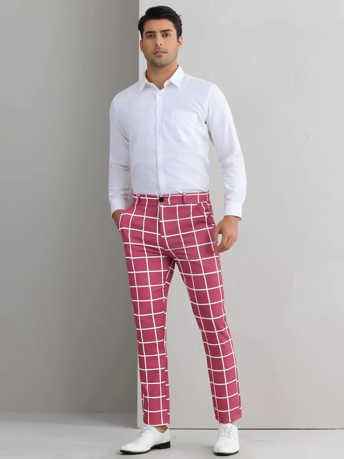 Lars Amadeus Men's Dress Plaid Pants Flat Front Printed Business Check Trousers