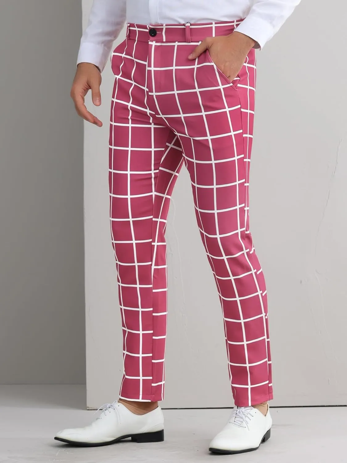 Lars Amadeus Men's Dress Plaid Pants Flat Front Printed Business Check Trousers