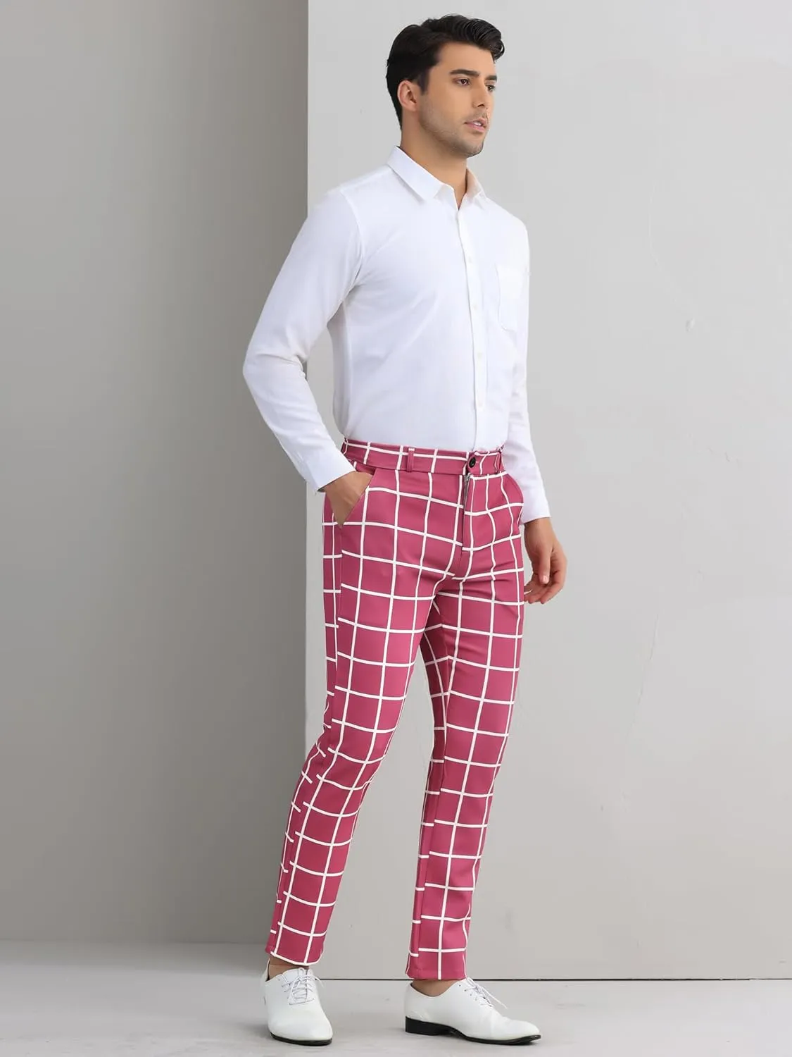 Lars Amadeus Men's Dress Plaid Pants Flat Front Printed Business Check Trousers
