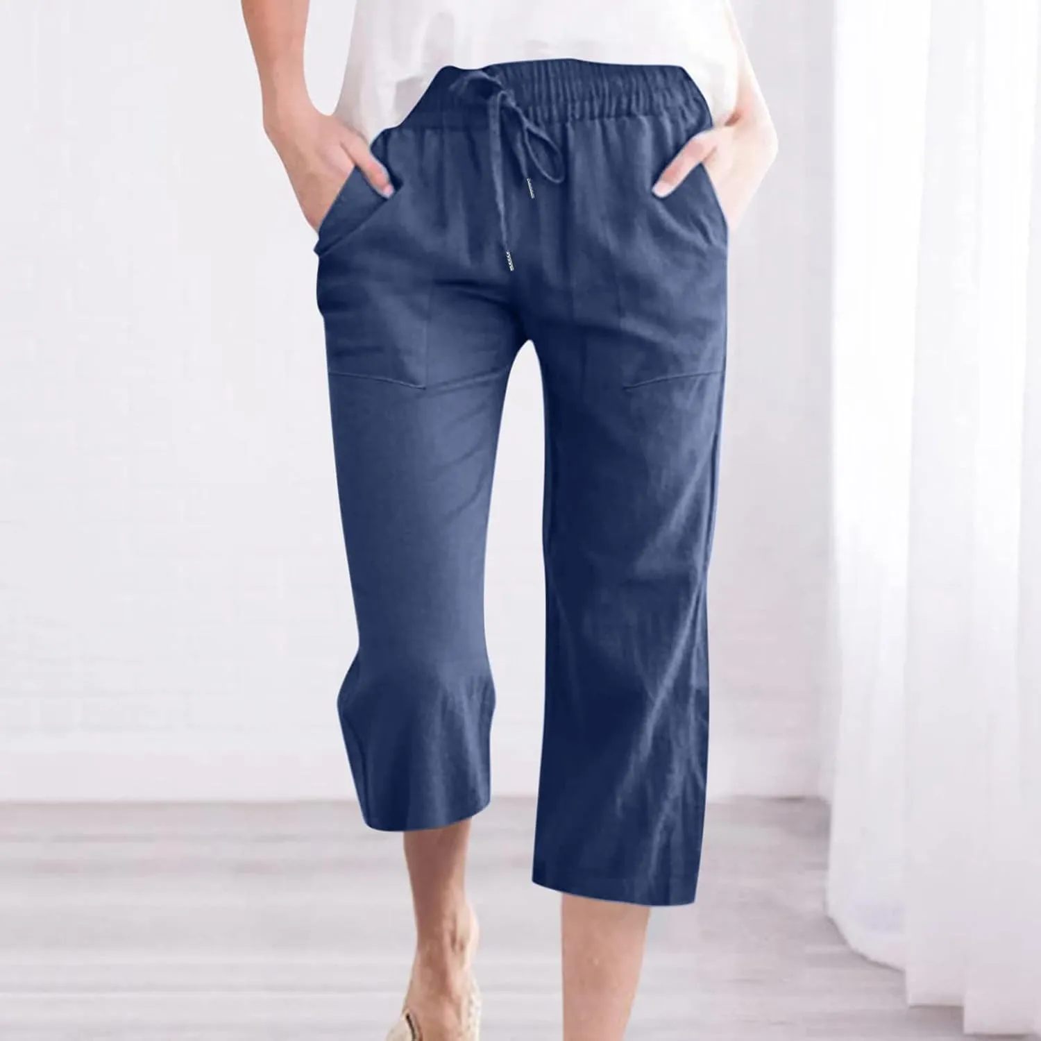 Linen Capris for Women Summer Casual Lounge Pants Cropped Cotton Linen Comfy Drawstring Baggy Trousers with Pockets
