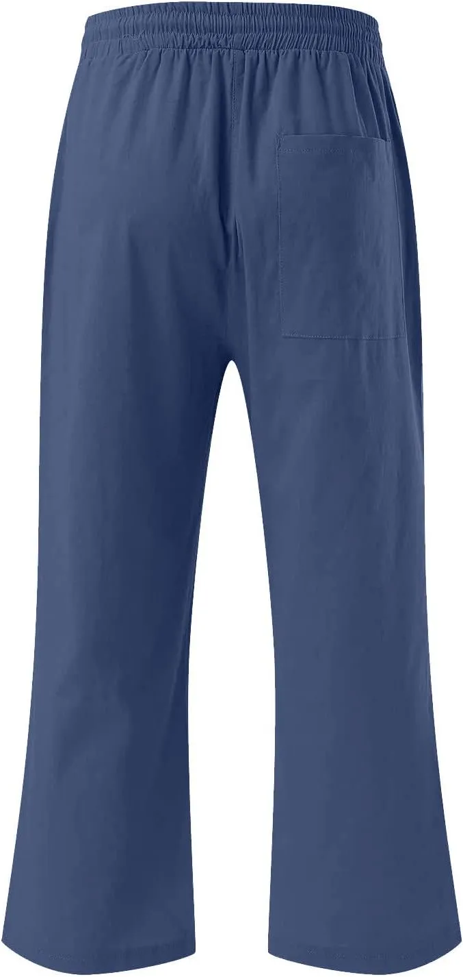 Linen Capris for Women Summer Casual Lounge Pants Cropped Cotton Linen Comfy Drawstring Baggy Trousers with Pockets