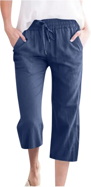 Linen Capris for Women Summer Casual Lounge Pants Cropped Cotton Linen Comfy Drawstring Baggy Trousers with Pockets
