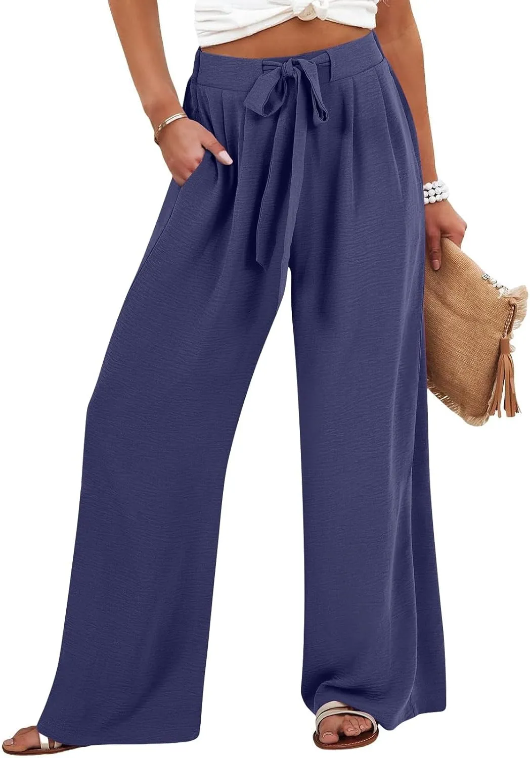 Linen Pants for Women 2025 Dressy High Waisted Wide Leg Palazzo Pants Summer Casual Loose Flowy Trousers with Pocket