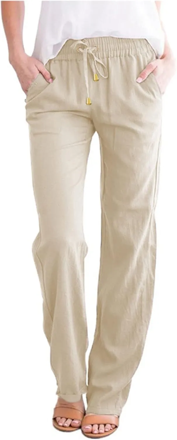 Linen Pants for Women High Waist Casual Wide Leg Pants Drawstring Summer Pants with Pockets Beach Palazzo Pants Trousers, X-Large, #A7-beige