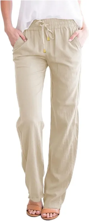Linen Pants for Women High Waist Casual Wide Leg Pants Drawstring Summer Pants with Pockets Beach Palazzo Pants Trousers, X-Large, #A7-beige