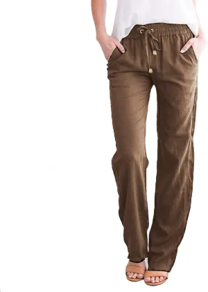 Linen Pants for Women High Waist Casual Wide Leg Pants Drawstring Summer Pants with Pockets Beach Palazzo Pants Trousers, X-Large, #B3-brown