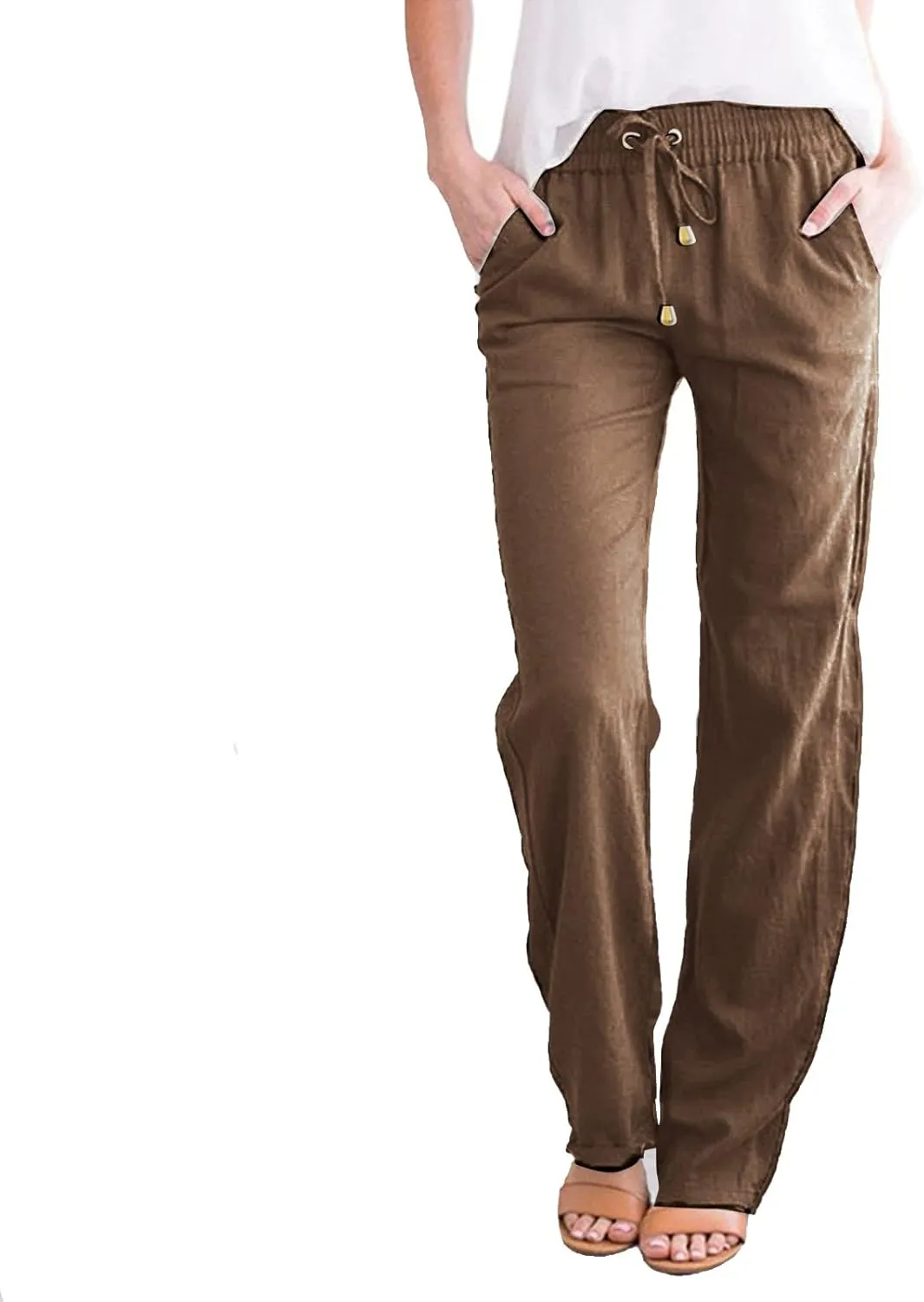 Linen Pants for Women High Waist Casual Wide Leg Pants Drawstring Summer Pants with Pockets Beach Palazzo Pants Trousers, X-Large, #B3-brown