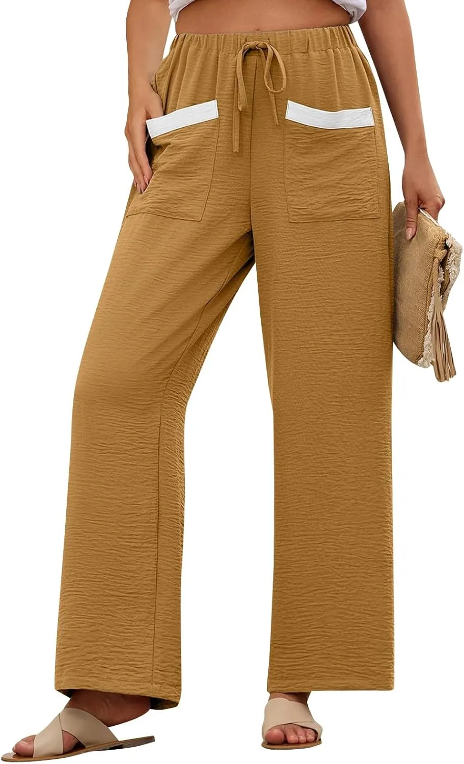 Linen Pants Women 2025 Summer Drawstring Elastic High Waisted Wide Leg Beach Pants Lounge Baggy Vacation Trousers w/Pockets