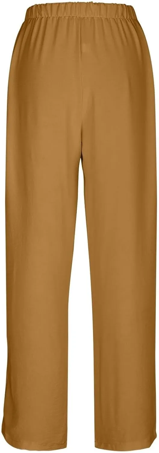 Linen Pants Women 2025 Summer Drawstring Elastic High Waisted Wide Leg Beach Pants Lounge Baggy Vacation Trousers w/Pockets