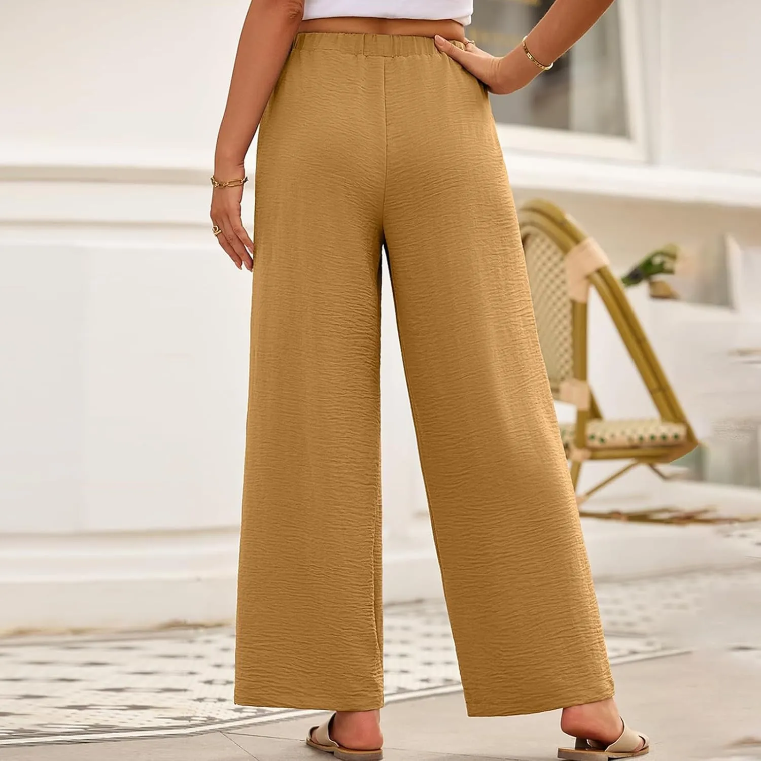 Linen Pants Women 2025 Summer Drawstring Elastic High Waisted Wide Leg Beach Pants Lounge Baggy Vacation Trousers w/Pockets