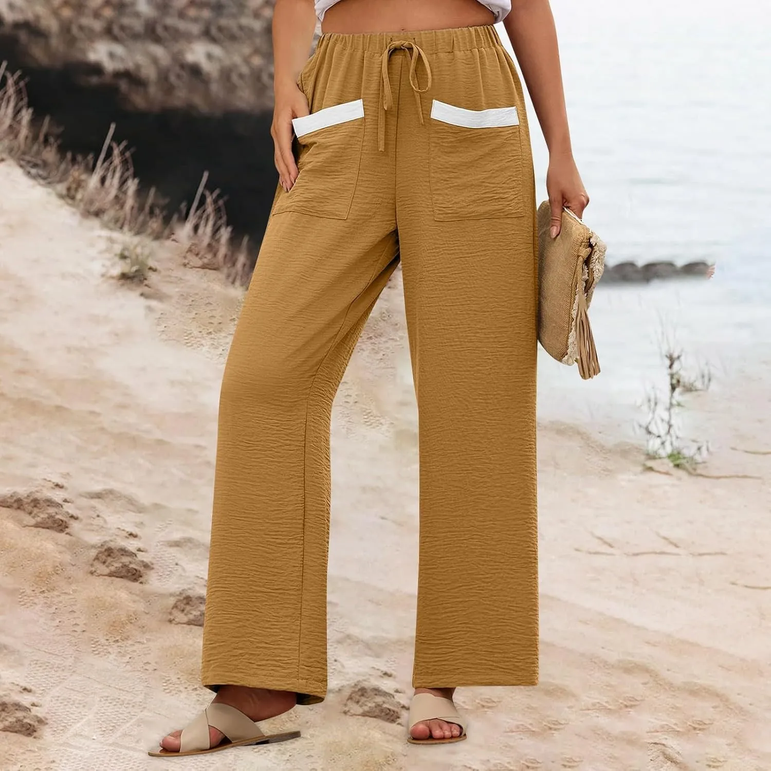 Linen Pants Women 2025 Summer Drawstring Elastic High Waisted Wide Leg Beach Pants Lounge Baggy Vacation Trousers w/Pockets