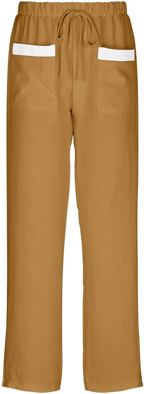 Linen Pants Women 2025 Summer Drawstring Elastic High Waisted Wide Leg Beach Pants Lounge Baggy Vacation Trousers w/Pockets