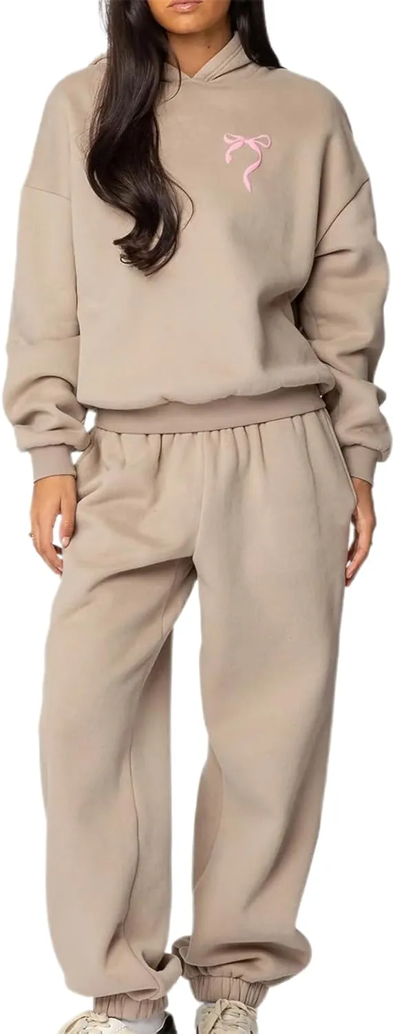 lisenraIn Women 2 Piece Tracksuit Outfits Sets Bow Print Hoodie and Sweatpants Set Casual Matching Sweat Set Loungewear