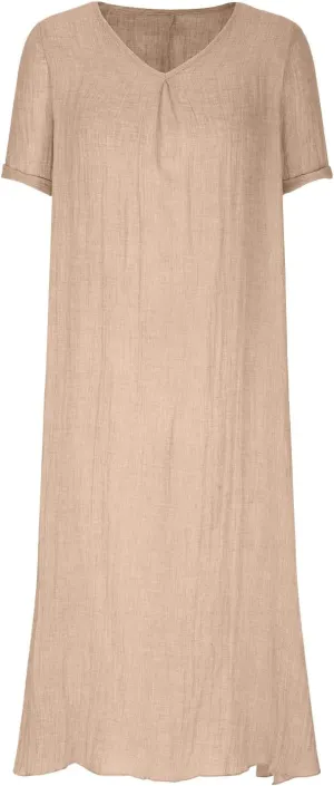 Lmdudan Summer Beach Sundress for Women Short Sleeve V Neck Cotton Linen Dress 2024 Trendy Solid Color Vacation Maxi Dresses
