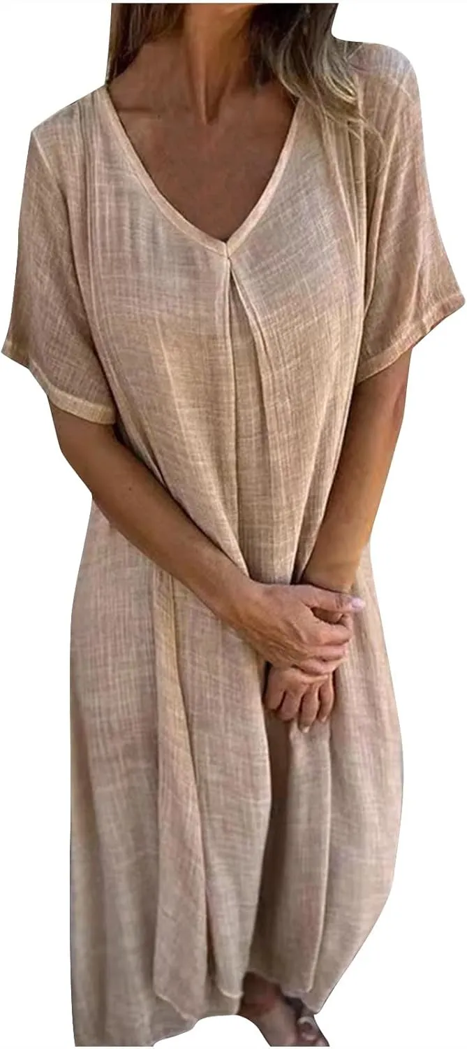 Lmdudan Summer Beach Sundress for Women Short Sleeve V Neck Cotton Linen Dress 2024 Trendy Solid Color Vacation Maxi Dresses