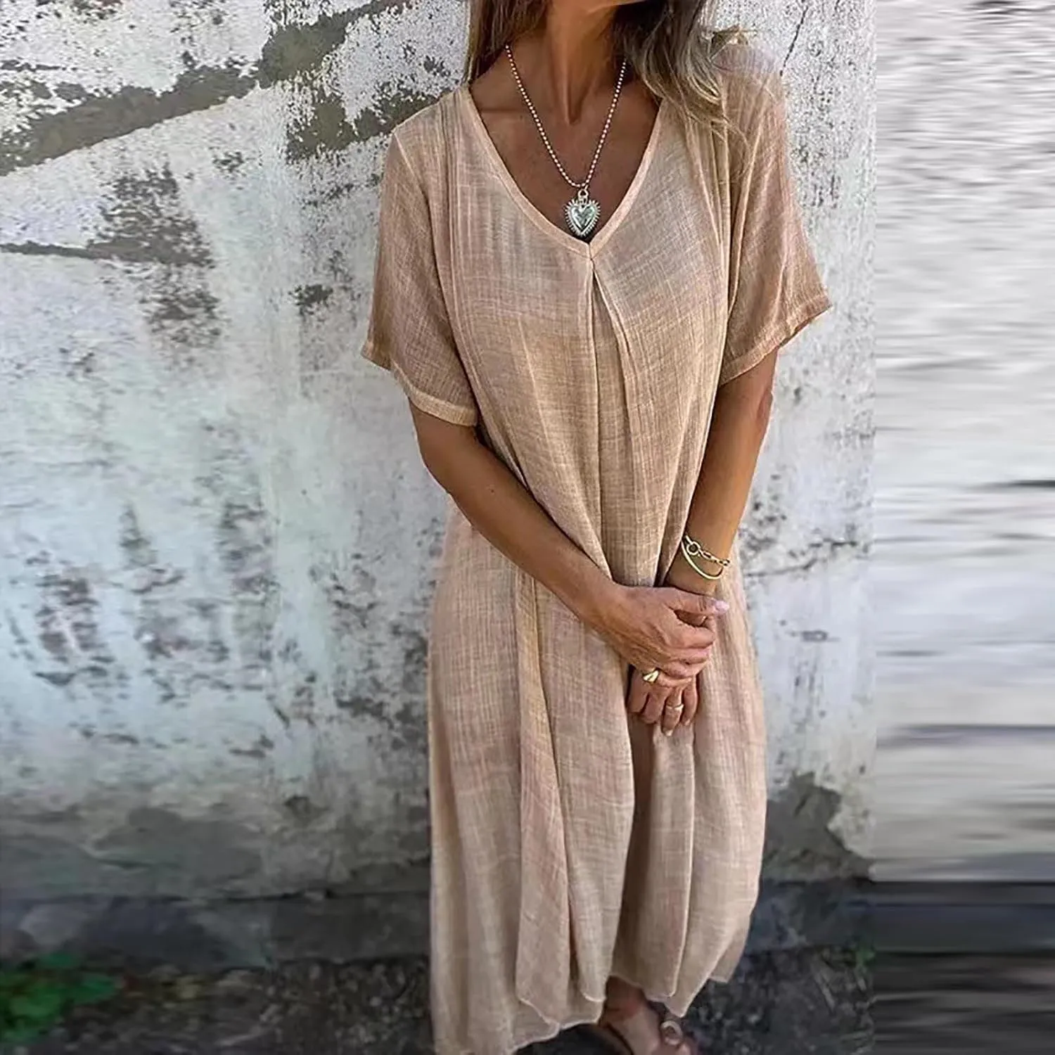 Lmdudan Summer Beach Sundress for Women Short Sleeve V Neck Cotton Linen Dress 2024 Trendy Solid Color Vacation Maxi Dresses