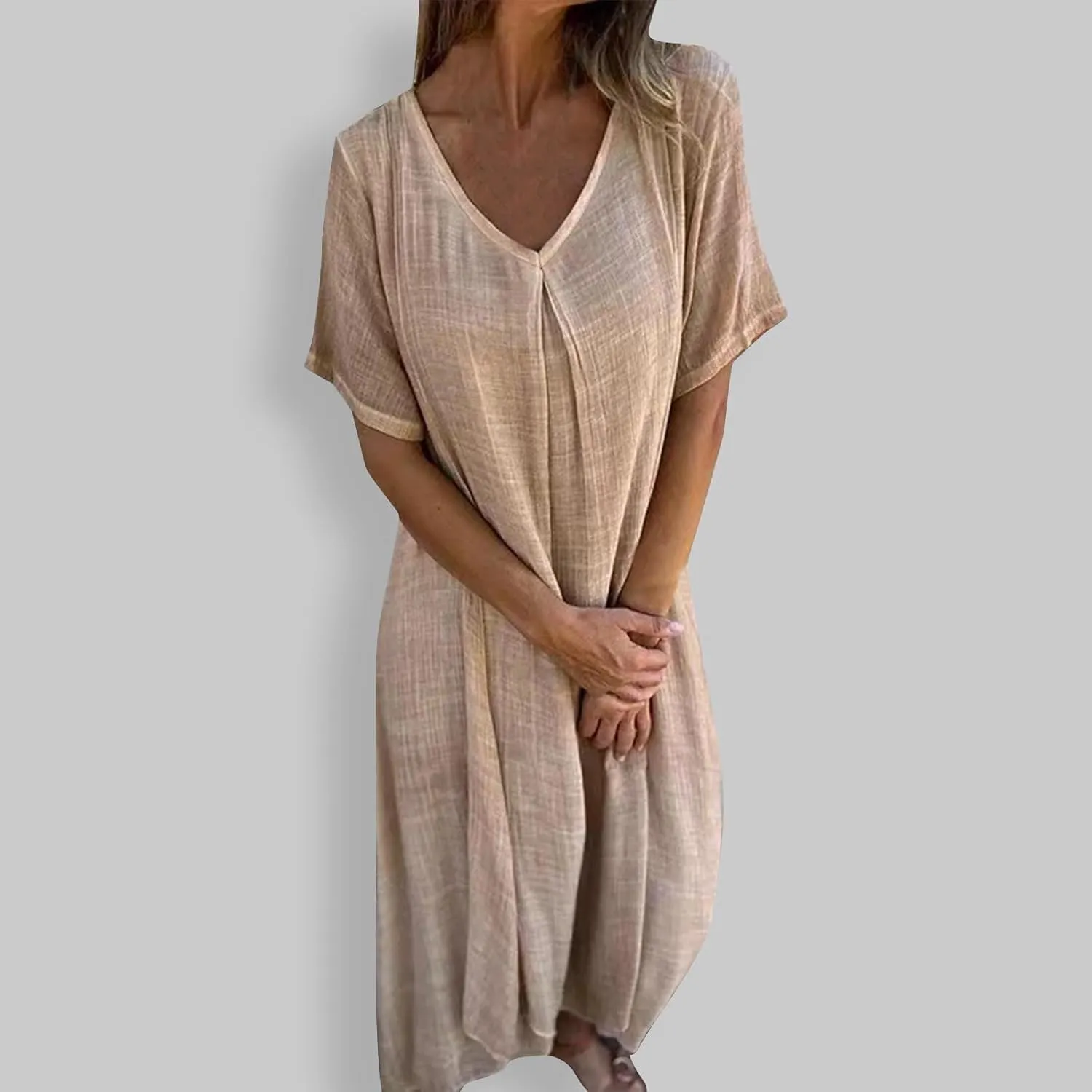 Lmdudan Summer Beach Sundress for Women Short Sleeve V Neck Cotton Linen Dress 2024 Trendy Solid Color Vacation Maxi Dresses