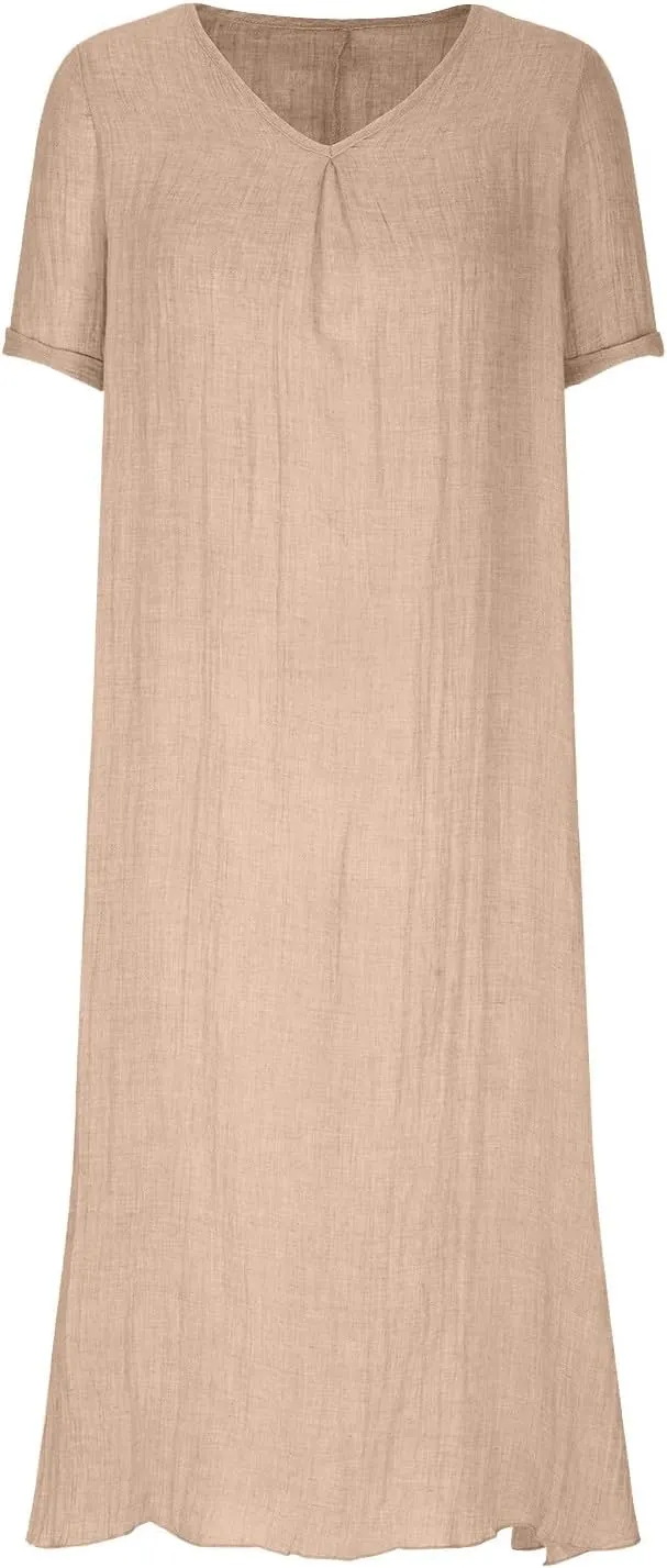 Lmdudan Summer Beach Sundress for Women Short Sleeve V Neck Cotton Linen Dress 2024 Trendy Solid Color Vacation Maxi Dresses