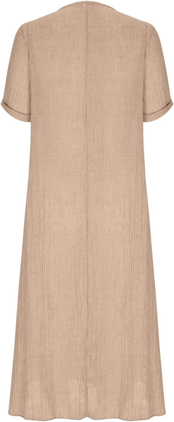 Lmdudan Summer Beach Sundress for Women Short Sleeve V Neck Cotton Linen Dress 2024 Trendy Solid Color Vacation Maxi Dresses