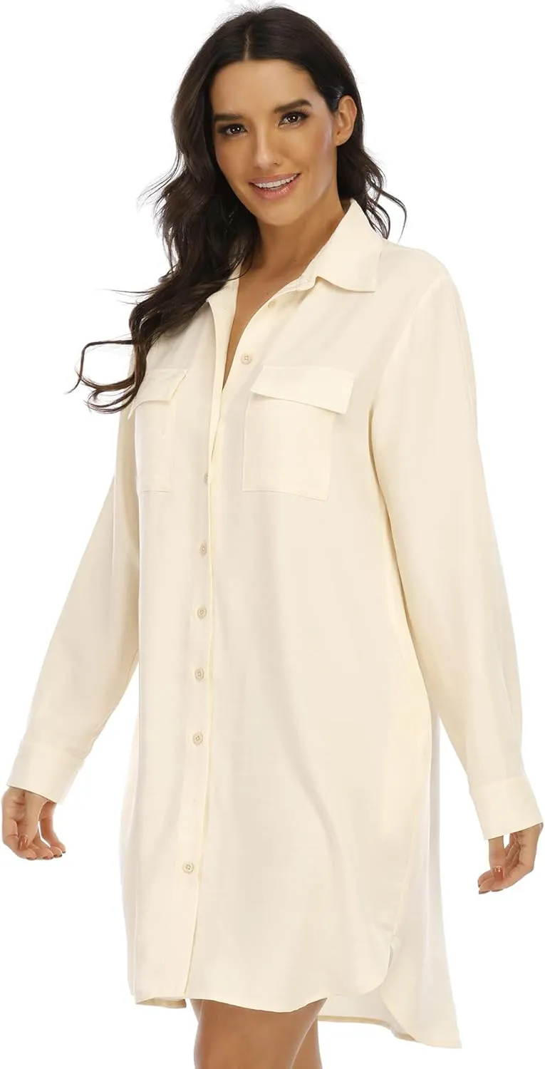 LUSMAY Women's Long Sleeve V Neck Button Down Shirt Dresses Casual Summer Dress with Pocket