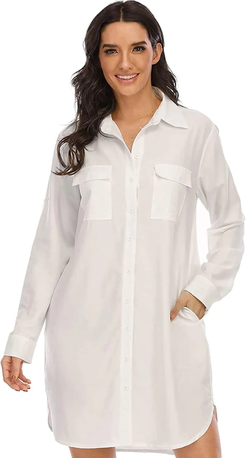 LUSMAY Women's Long Sleeve V Neck Button Down Shirt Dresses Casual Summer Dress with Pocket