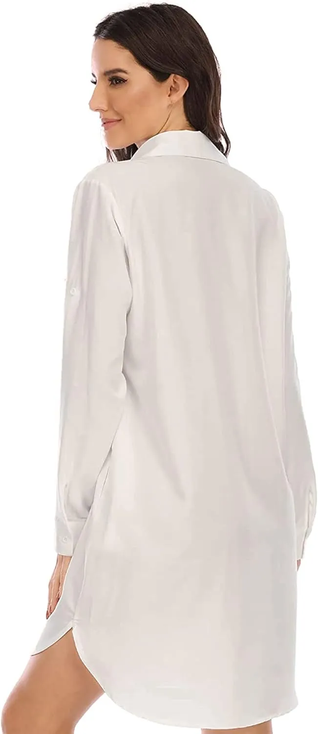 LUSMAY Women's Long Sleeve V Neck Button Down Shirt Dresses Casual Summer Dress with Pocket