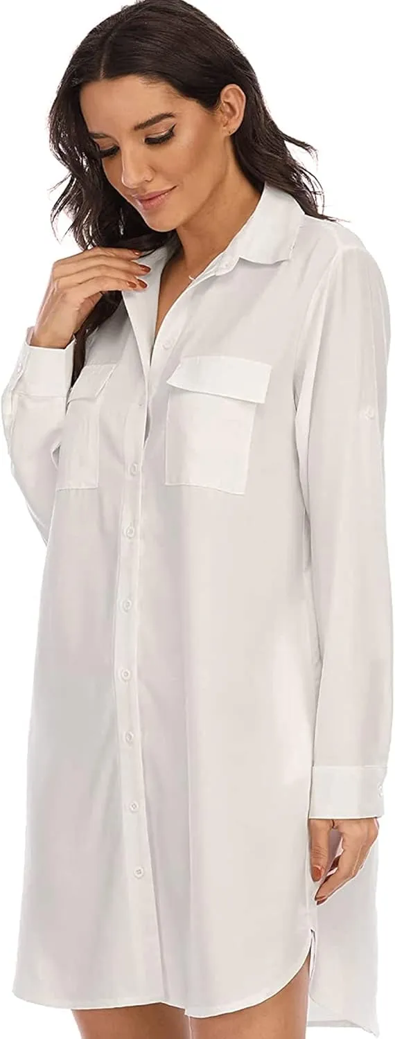 LUSMAY Women's Long Sleeve V Neck Button Down Shirt Dresses Casual Summer Dress with Pocket