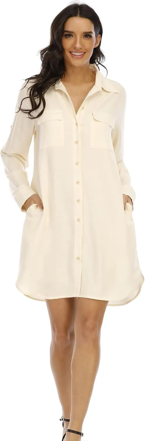 LUSMAY Women's Long Sleeve V Neck Button Down Shirt Dresses Casual Summer Dress with Pocket