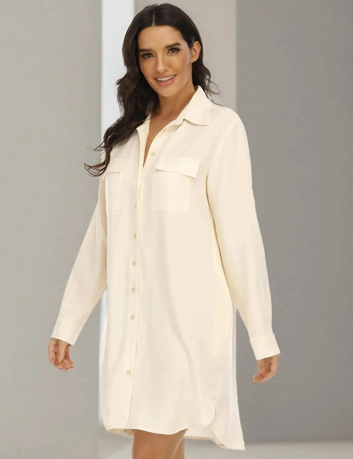 LUSMAY Women's Long Sleeve V Neck Button Down Shirt Dresses Casual Summer Dress with Pocket