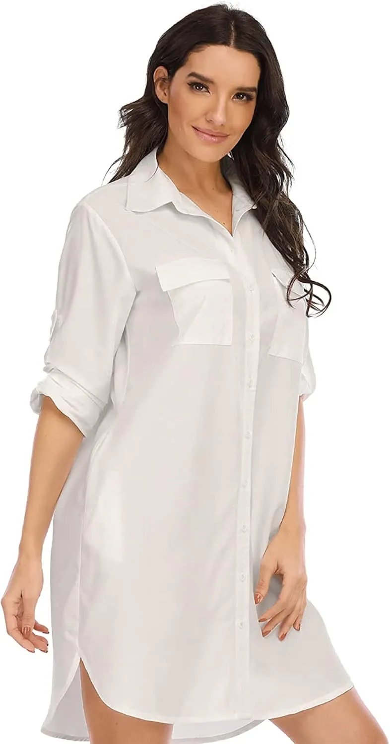 LUSMAY Women's Long Sleeve V Neck Button Down Shirt Dresses Casual Summer Dress with Pocket