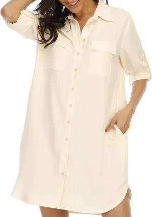LUSMAY Women's Long Sleeve V Neck Button Down Shirt Dresses Casual Summer Dress with Pocket