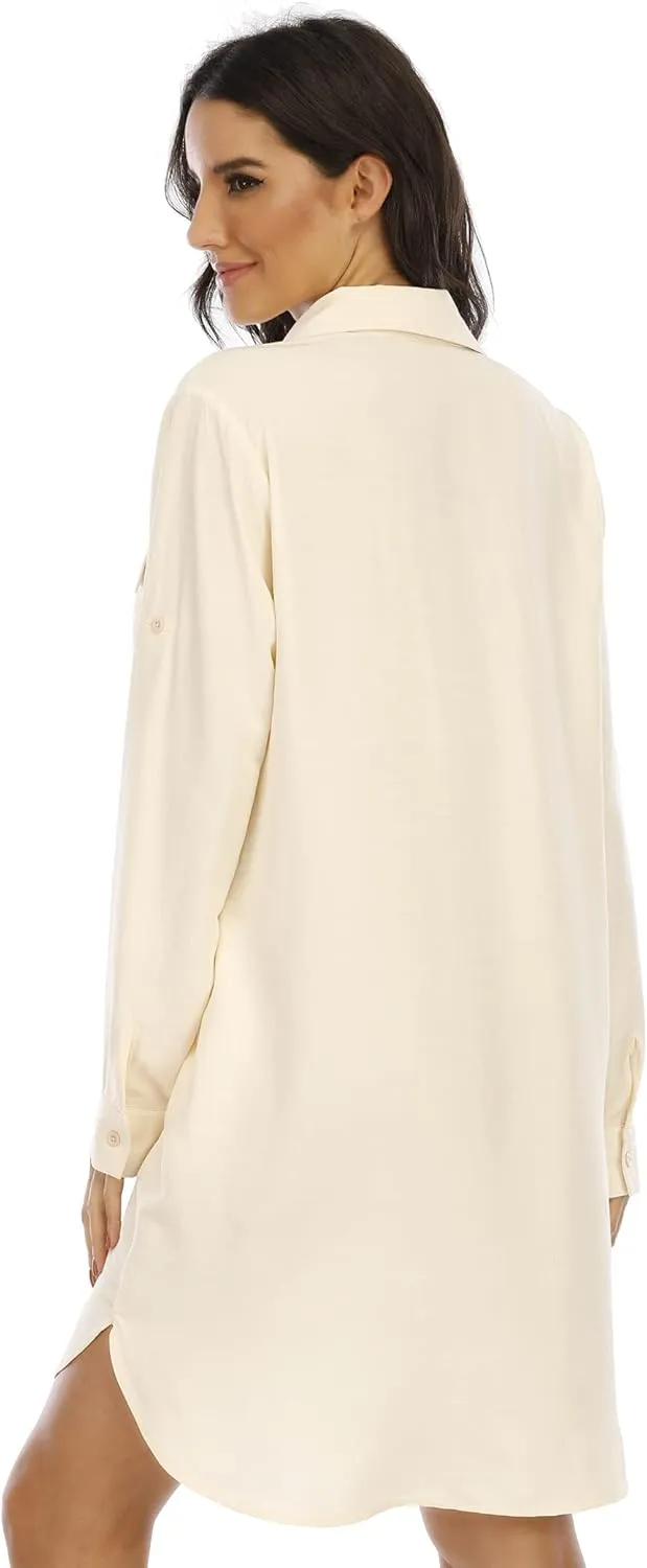 LUSMAY Women's Long Sleeve V Neck Button Down Shirt Dresses Casual Summer Dress with Pocket