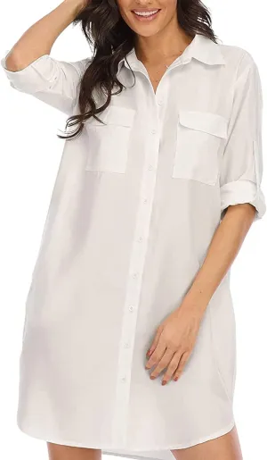 LUSMAY Women's Long Sleeve V Neck Button Down Shirt Dresses Casual Summer Dress with Pocket