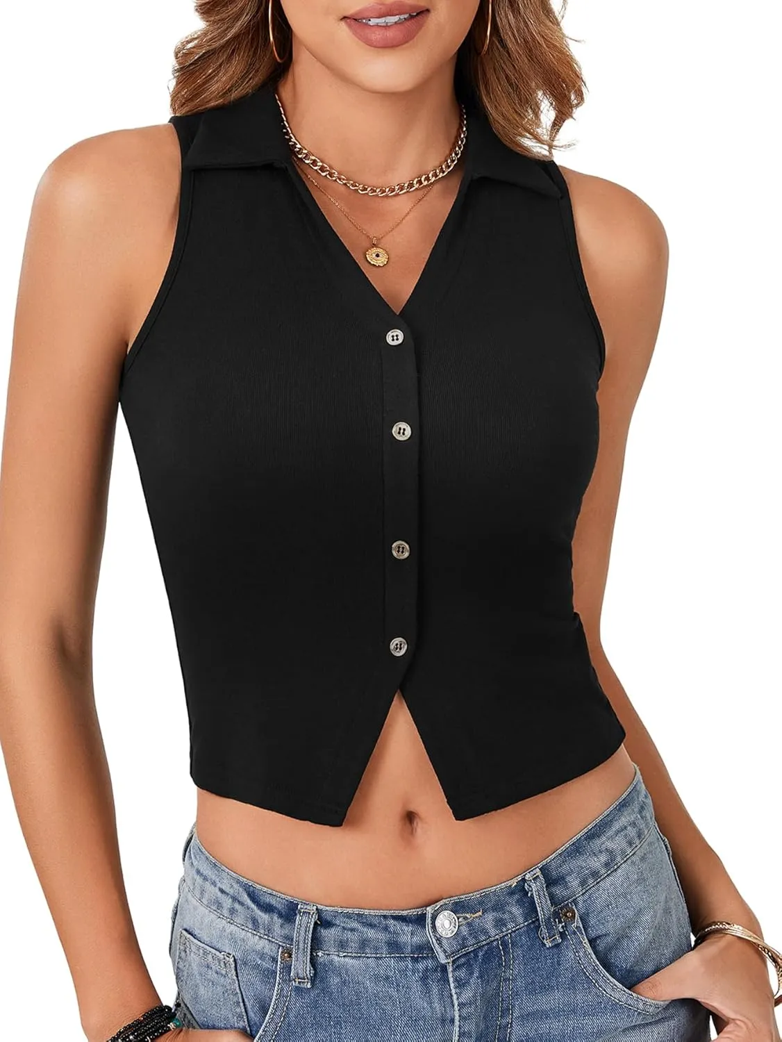 LYANER Women's Button Down Tank Top Ribbed Sleeveless Fitted Shirt Casual Collar V Neck Trendy Going Out Crop Tops