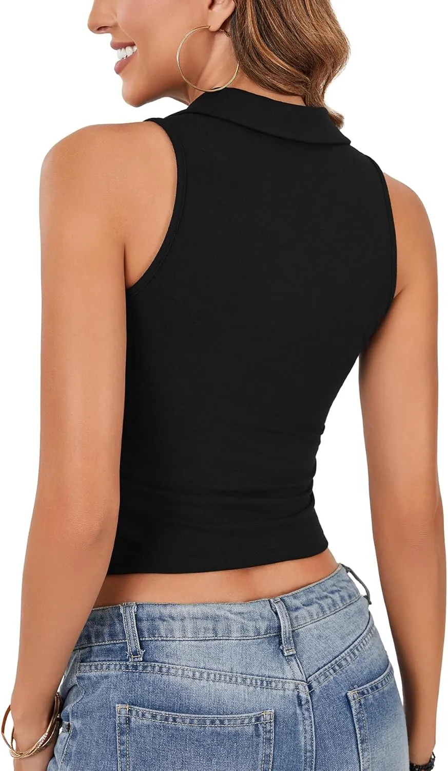 LYANER Women's Button Down Tank Top Ribbed Sleeveless Fitted Shirt Casual Collar V Neck Trendy Going Out Crop Tops