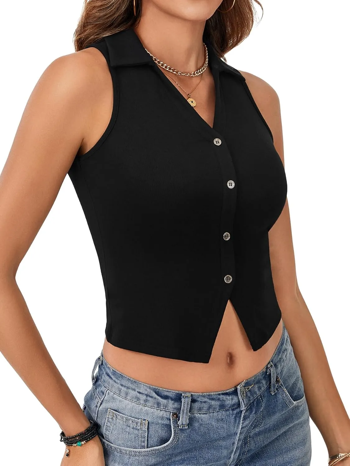 LYANER Women's Button Down Tank Top Ribbed Sleeveless Fitted Shirt Casual Collar V Neck Trendy Going Out Crop Tops