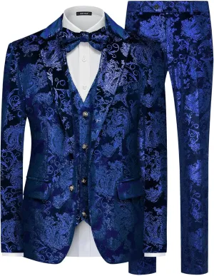 MAGE MALE Mens Suits Dress Floral Tuxedo Slim Fit 3 Piece Suit 2 Button Prom Party Blazer Vest Pants Set with Bow Tie