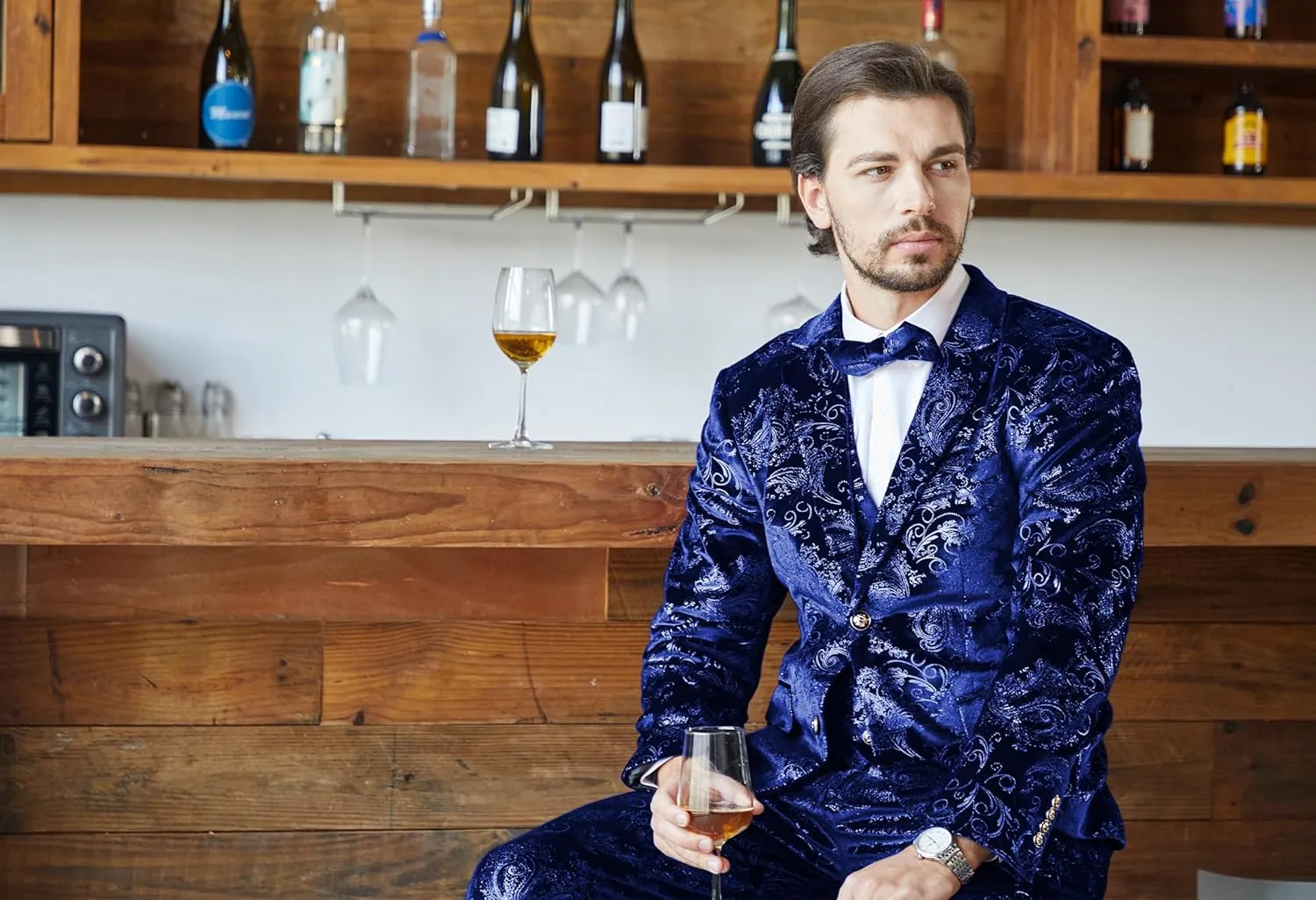 MAGE MALE Mens Suits Dress Floral Tuxedo Slim Fit 3 Piece Suit 2 Button Prom Party Blazer Vest Pants Set with Bow Tie