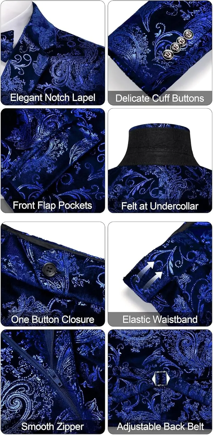MAGE MALE Mens Suits Dress Floral Tuxedo Slim Fit 3 Piece Suit 2 Button Prom Party Blazer Vest Pants Set with Bow Tie