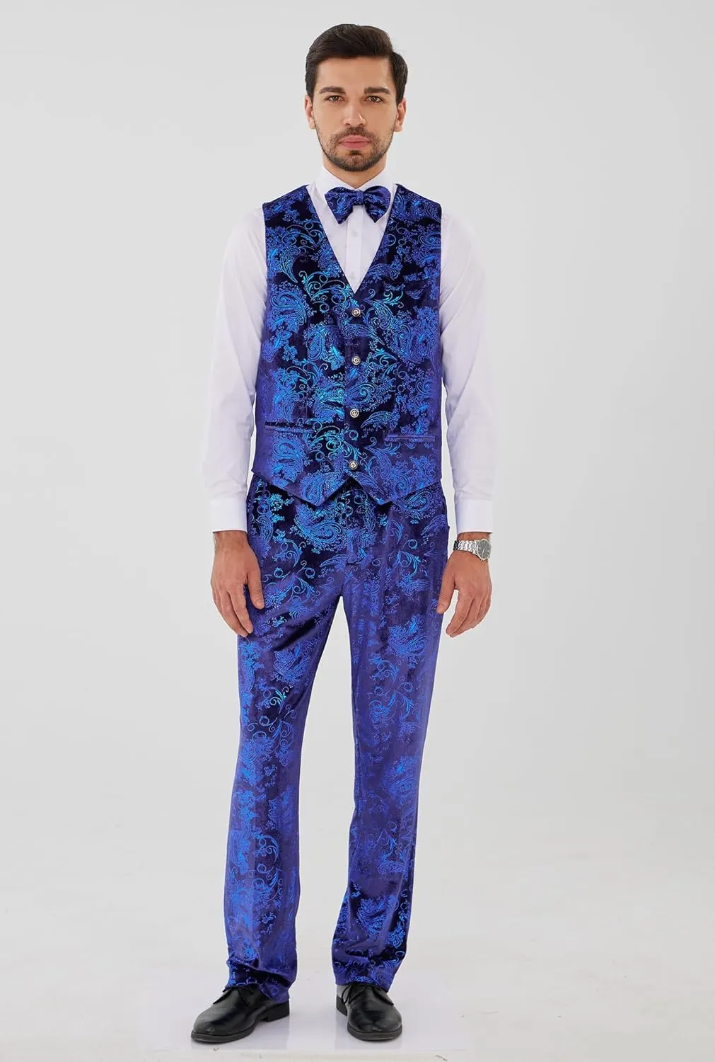MAGE MALE Mens Suits Dress Floral Tuxedo Slim Fit 3 Piece Suit 2 Button Prom Party Blazer Vest Pants Set with Bow Tie