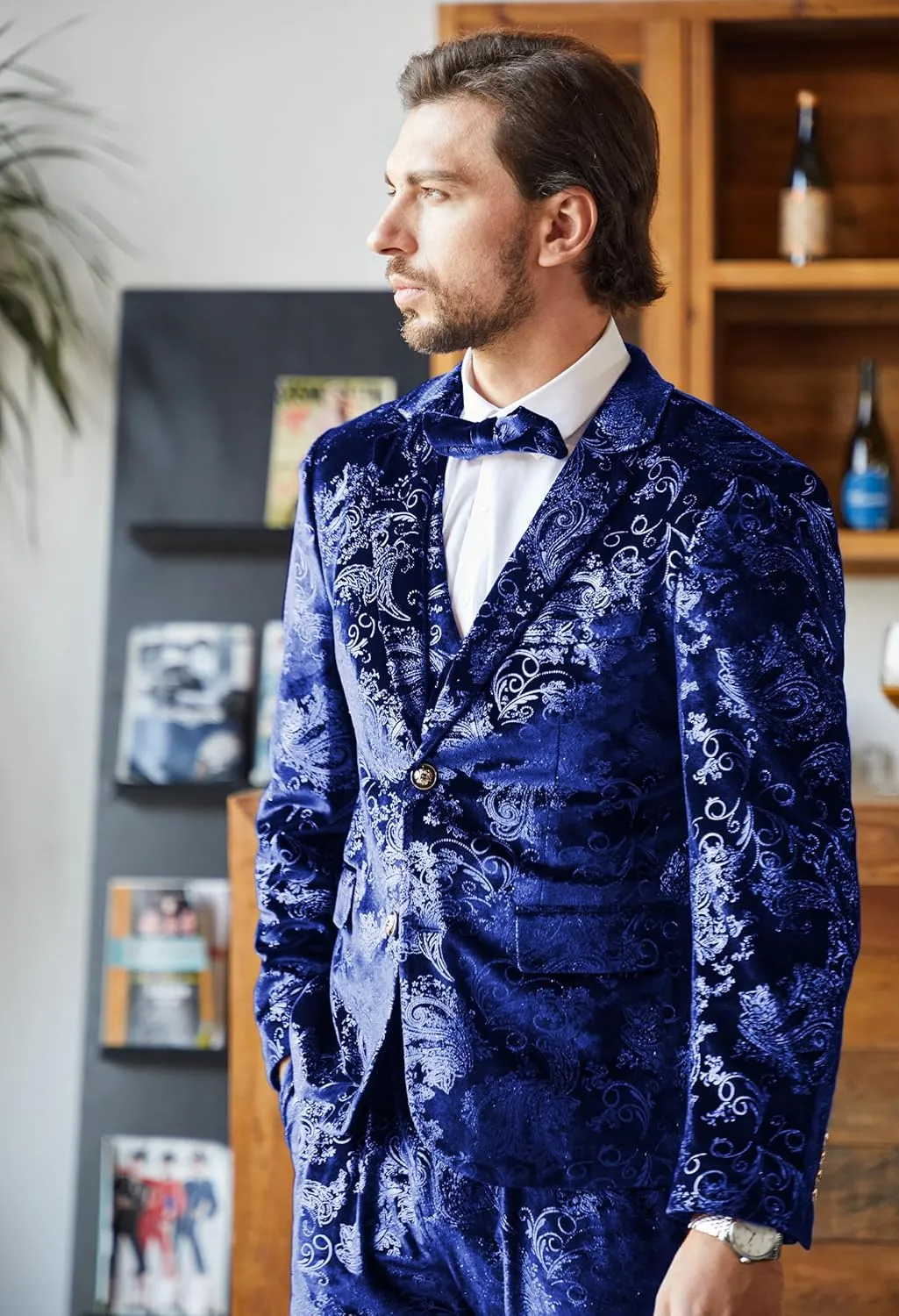 MAGE MALE Mens Suits Dress Floral Tuxedo Slim Fit 3 Piece Suit 2 Button Prom Party Blazer Vest Pants Set with Bow Tie