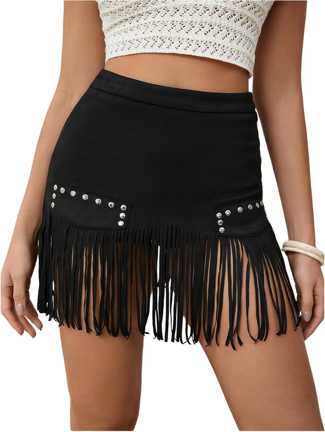 MakeMeChic Women's Faux Suede Fringe Hem Mini Skirt Studded Tassell Bodycon Short Skirts