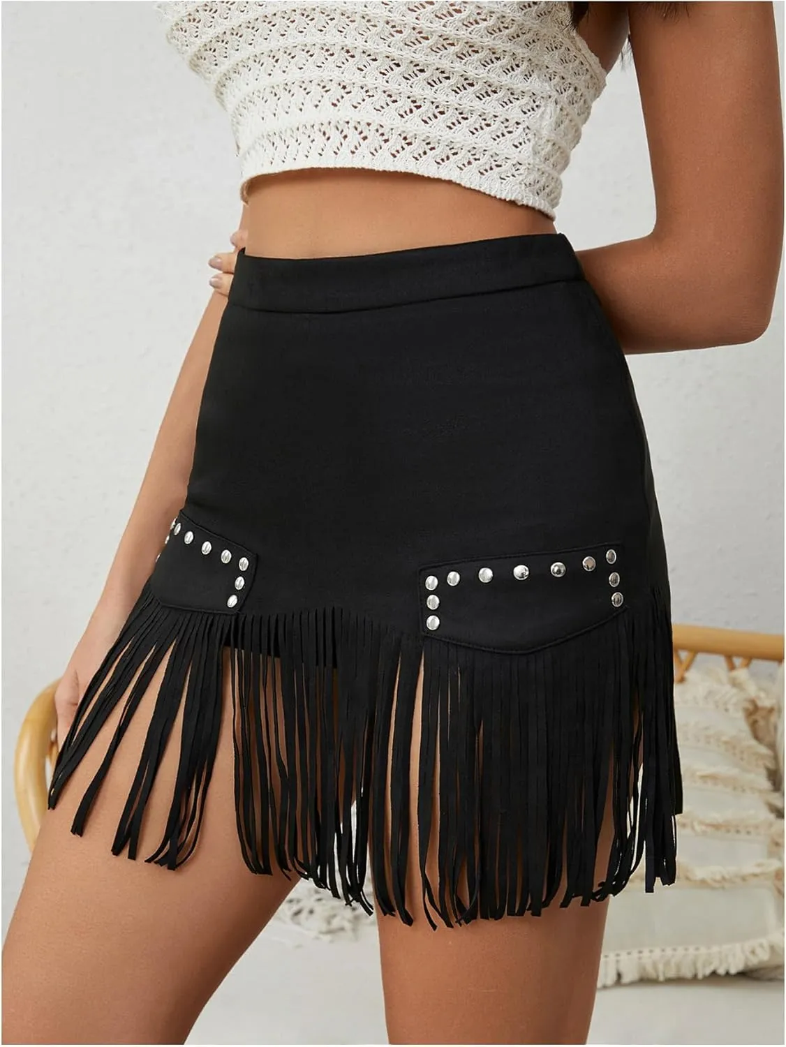 MakeMeChic Women's Faux Suede Fringe Hem Mini Skirt Studded Tassell Bodycon Short Skirts