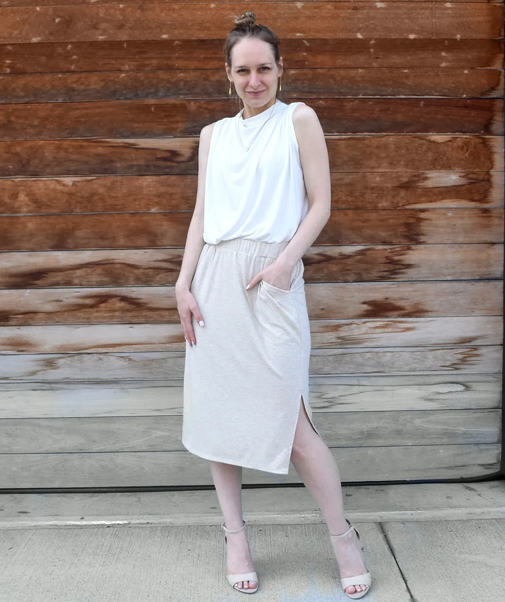 MARLAN rib-knit pencil skirt in Oatmeal