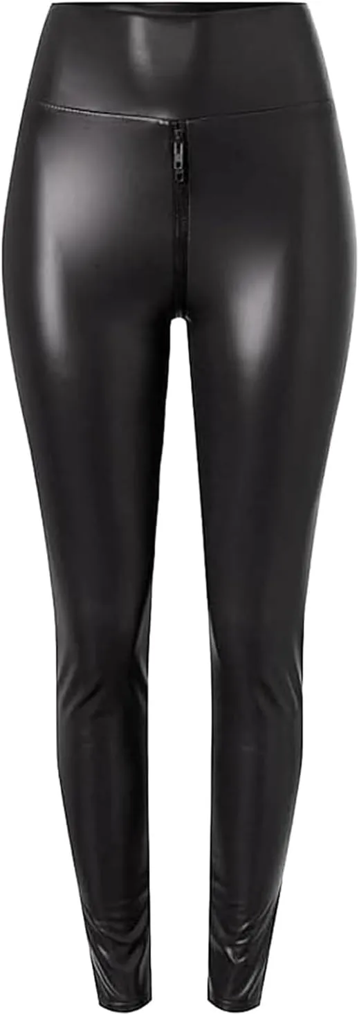 Matte Leather Trousers,Elastic High Waist Faux Leather Pants Women Sexy Crotch Double Zipper Leggings