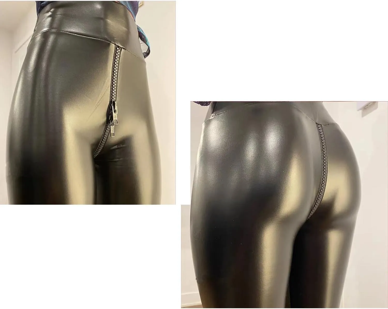 Matte Leather Trousers,Elastic High Waist Faux Leather Pants Women Sexy Crotch Double Zipper Leggings