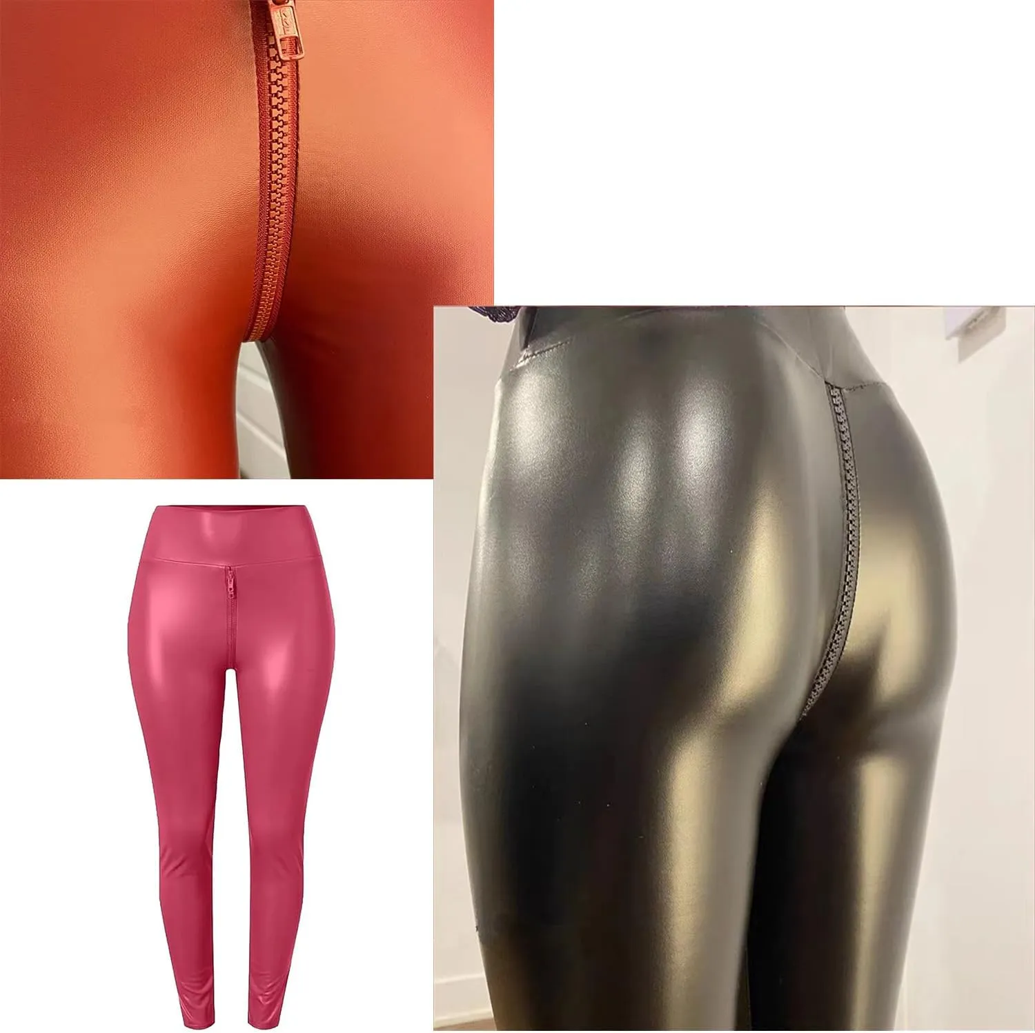 Matte Leather Trousers,Elastic High Waist Faux Leather Pants Women Sexy Crotch Double Zipper Leggings
