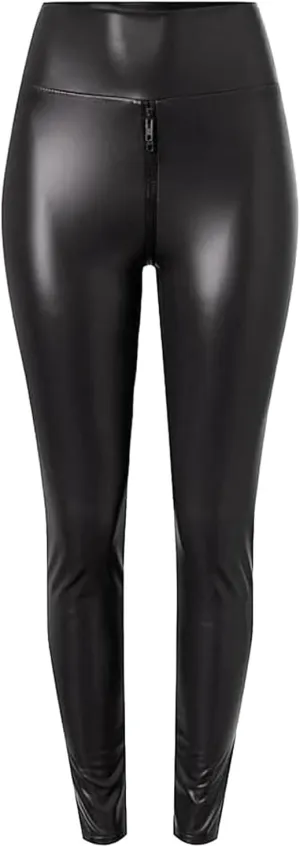 Matte Leather Trousers,Elastic High Waist Faux Leather Pants Women Sexy Crotch Double Zipper Leggings